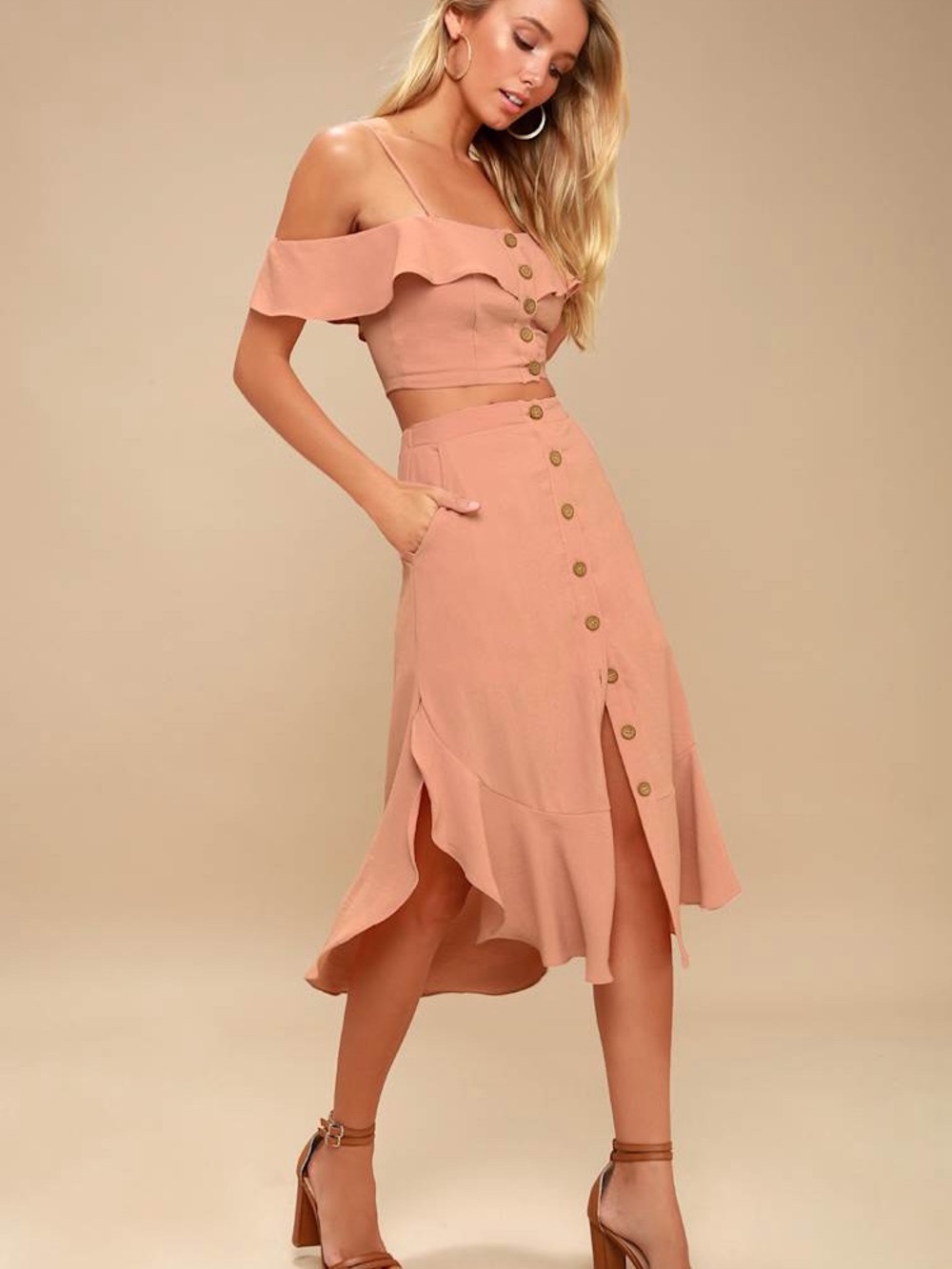 Malta Mauve Pink Off-the-Shoulder Button-Up Two-Piece Dress NWT